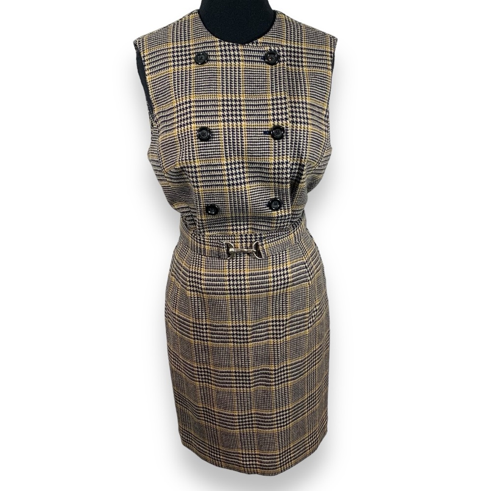 Banana Republic Navy and Tan Plaid Sleeveless Belted Sheath Dress